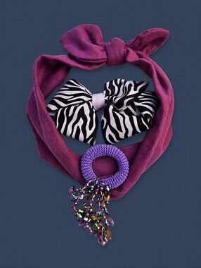 3/$30 HANDMADE Purple and Black Hair Bow Ponytail Headband Accessory Set